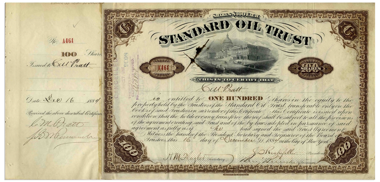 John D. Rockefeller Signed Stock Certificate for Standard Oil Trust -- Signed by Rockefeller as President in 1884